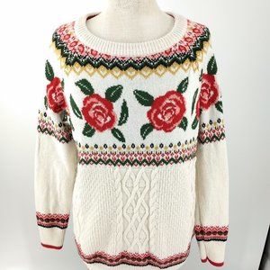 Cable Knit Sweater Nordic Ski Women M White Red